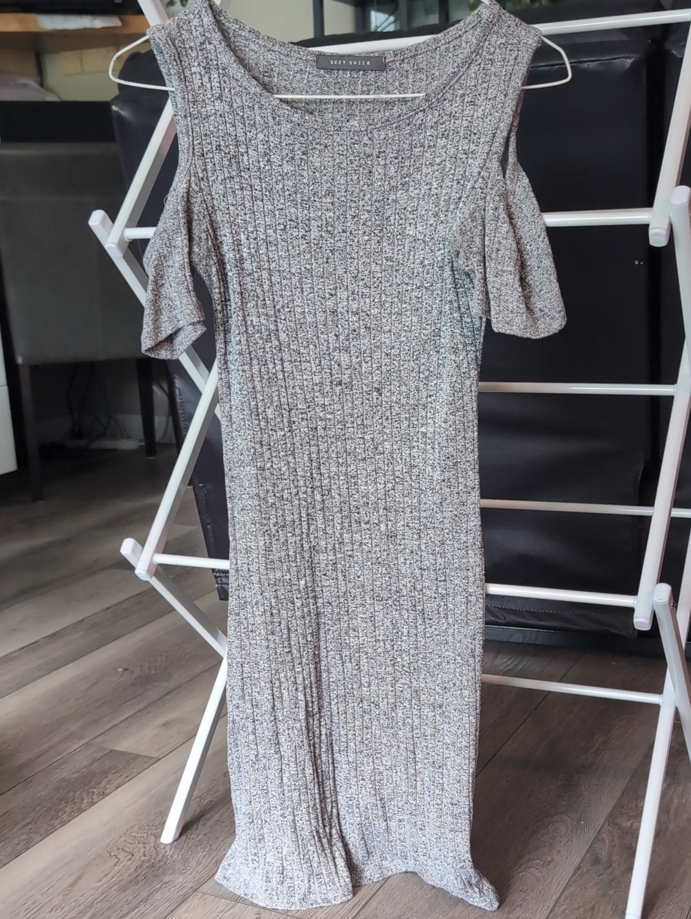 Grey Cold-Shoulder Ribbed Knit Dress